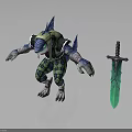 Fantasy Warrior Character Confronting Blue Spiked Creature With Green Glowing Sword 3d model