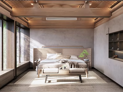 Minimalist Hotel Room With Wooden Ceiling Woven Headboard And Large Windows 3d model