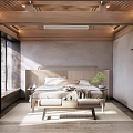 Minimalist Hotel Room With Wooden Ceiling Woven Headboard And Large Windows