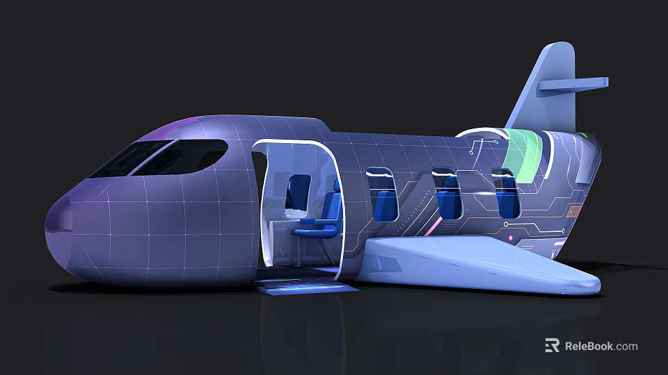 Futuristic Passenger Airplane With Modern Interior Blue Seats And Open Door 3d model 