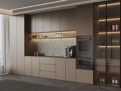 Modern Kitchen Sideboard With Wooden Cabinets Glass Doors Countertop And Lighting 3d model