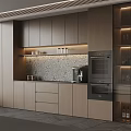 Modern Kitchen Sideboard With Wooden Cabinets Glass Doors Countertop And Lighting