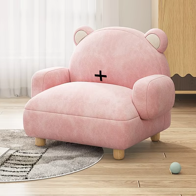 Pink Single Sofa With Bear Ears Black Cross And Wooden Legs For Cozy Living Room 3d model