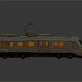 Model Train with Silver Body Pantograph Orange Lit Windows and Reflection on Gray Background