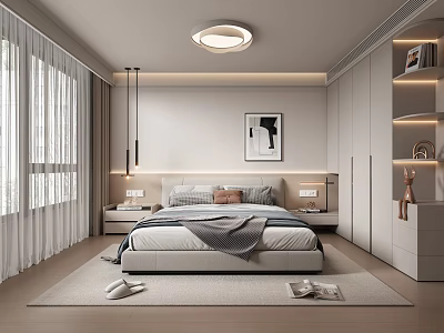 Modern Bedroom Interior Design With Bedside Lamps Wall Painting And Large Windows With White Curtains 3d model