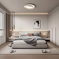 Modern Bedroom Interior Design With Bedside Lamps Wall Painting And Large Windows With White Curtains