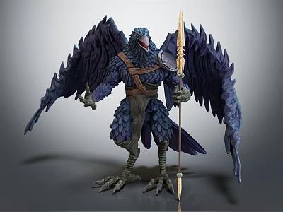 Mythical Raven Creature With Spear Large Feathered Wings And Leather Harness 3d model