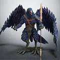 Mythical Raven Creature With Spear Large Feathered Wings And Leather Harness