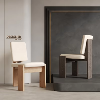 Modern Dining Chairs With Light And Dark Wood Legs And Beige Cushions In Interior 3d model