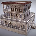 Ancient Architecture With Two Story Arched Doors Balconies Stone Railings And Staircase
