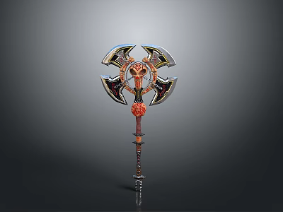Ornate Double Headed Axe Weapon With Metallic Blades Red Accents And Intricate Handle Design 3d model