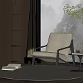 Modern Beige Leisure Chair with Black Frame Near Window on Gray Rug and Wooden Bookshelf
