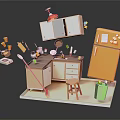Cartoon Kitchen Scene With Yellow Refrigerator White Cabinets Red Pendant Light And Floating Kitchen Utensils