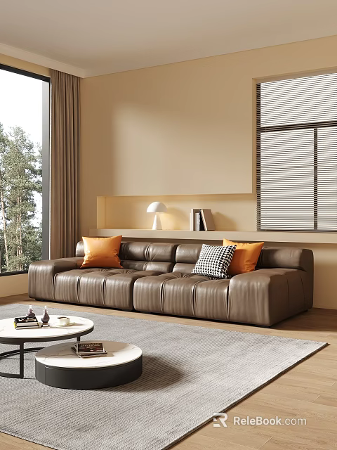 Brown Leather Sectional Sofa with Orange Plaid Pillows in Modern Living Room with Large Window 3d model 