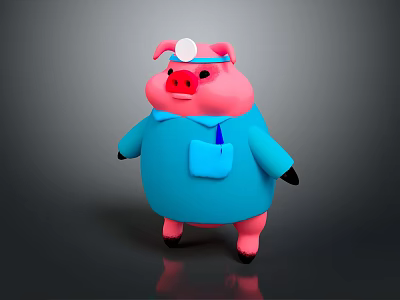 Adorable Pink Pig Wearing Blue Clothes With White Round Hat And Black Feet Standing 3d model