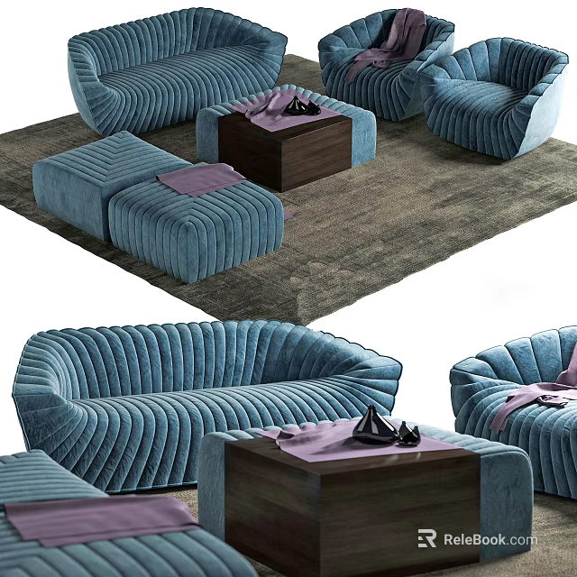 Cozy Blue Velvet Sofa And Coffee Table Set With Wooden Top And Ottoman 3d model 