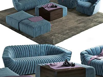 Cozy Blue Velvet Sofa And Coffee Table Set With Wooden Top And Ottoman 3d model