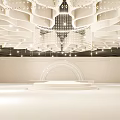 Modern Banquet Hall Interior Design With Wavy White Suspended Ceiling And Crystal Pendant Lights