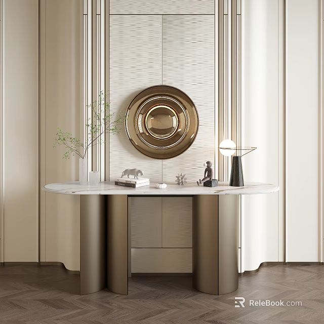 Elegant Modern Console Table With Marble Top Gold Round Mirror Green Plant And Table Lamp 3d model 