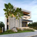 Modern Detached Villa Exterior With Stone Wall Palm Trees And Entrance Steps