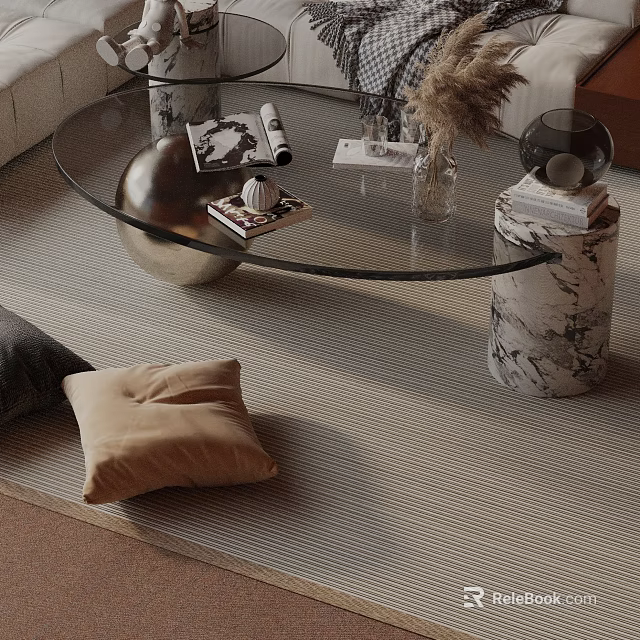 Modern Sofa And Coffee Table Set With Glass Top Marble Base Decorative Pillows And Books 3d model 