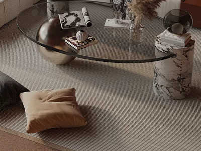 Modern Sofa And Coffee Table Set With Glass Top Marble Base Decorative Pillows And Books 3d model