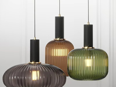 Modern Ribbed Glass Pendant Lights with Black Base Gold Accents Dark Brown Amber Green Shades 3d model