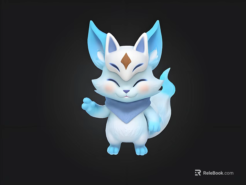 Cute White Fox Cartoon Character With Blue Ears Tail Scarf And Diamond Forehead Mark 3d model 