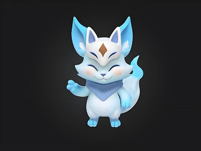 Cute White Fox Cartoon Character With Blue Ears Tail Scarf And Diamond Forehead Mark 3d model