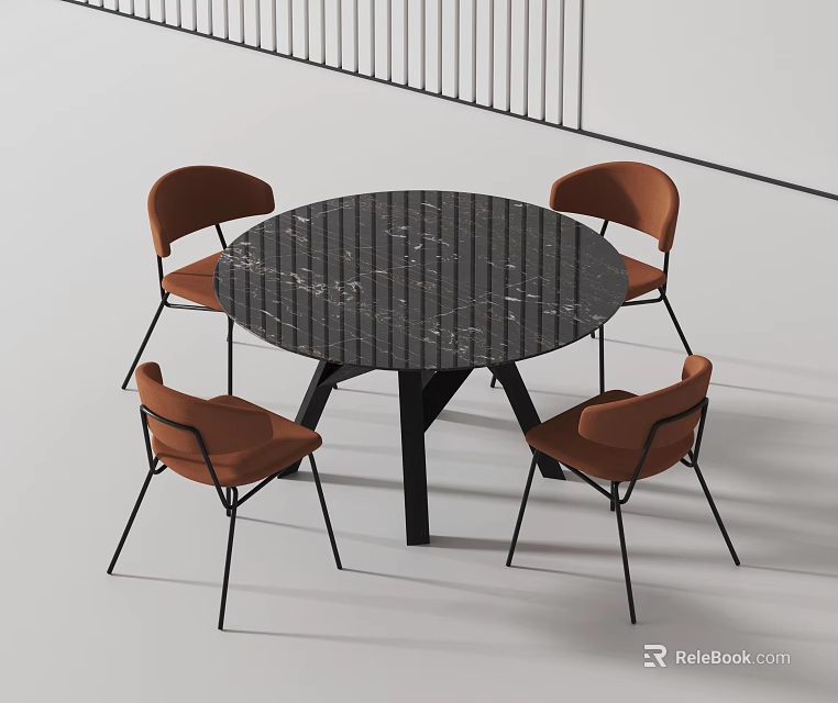 Modern Round Black Marble Dining Table With Four Orange Chairs And Black Frame 3d model