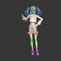 Fashionable Anime Character With Green Purple Pigtails Yellow Purple Top Shorts Sneakers And Arm Stickers