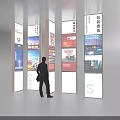 Technology Exhibition Hall with Multiple Modern Digital Display Screens Showcasing Innovative Tech Information