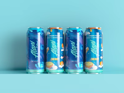 Alcon Fizzy Beverage Cans With Blue and Orange Patterns on Light Blue Background 3d model