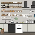 Modern Kitchen Interior Design With Wall Shelves Dishes Utensils And Appliances
