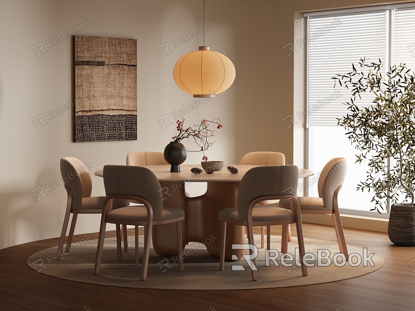 Quiet Style Dining Table and Chair Combination Round Dining Table Solid Wood Dining Table Style Dining Chair Chandelier Jewelry Ornaments model