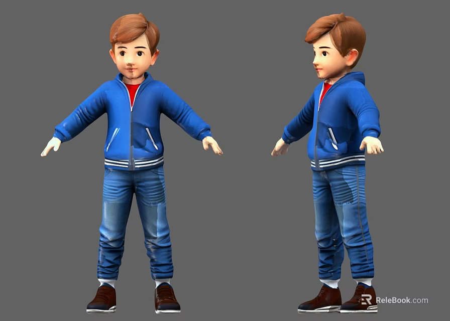 Man In Blue Hoodie And Blue Jeans Standing With Brown Shoes Two Views 3d model 
