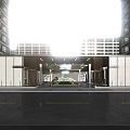 Modern Entrance Gate With High Rise Buildings Lighting Paved Ground And Greenery