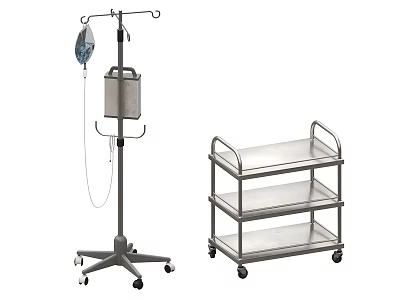 Medical Equipment Including IV Stand And Mobile Three Tier Stainless Steel Cart 3d model