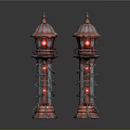 Two Red Decorative Lighthouse Models With Transparent Sections And Red Lights