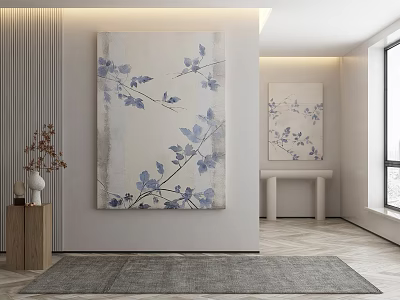 Botanical Paintings with Blue Gray Branch Leaves in Modern Interior Design Hanging on Wall 3d model