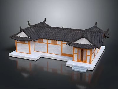 Cartoon Scene Traditional Chinese Building With Black Tiled Roof White Walls And Orange Accents 3d model