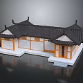 Cartoon Scene Traditional Chinese Building With Black Tiled Roof White Walls And Orange Accents