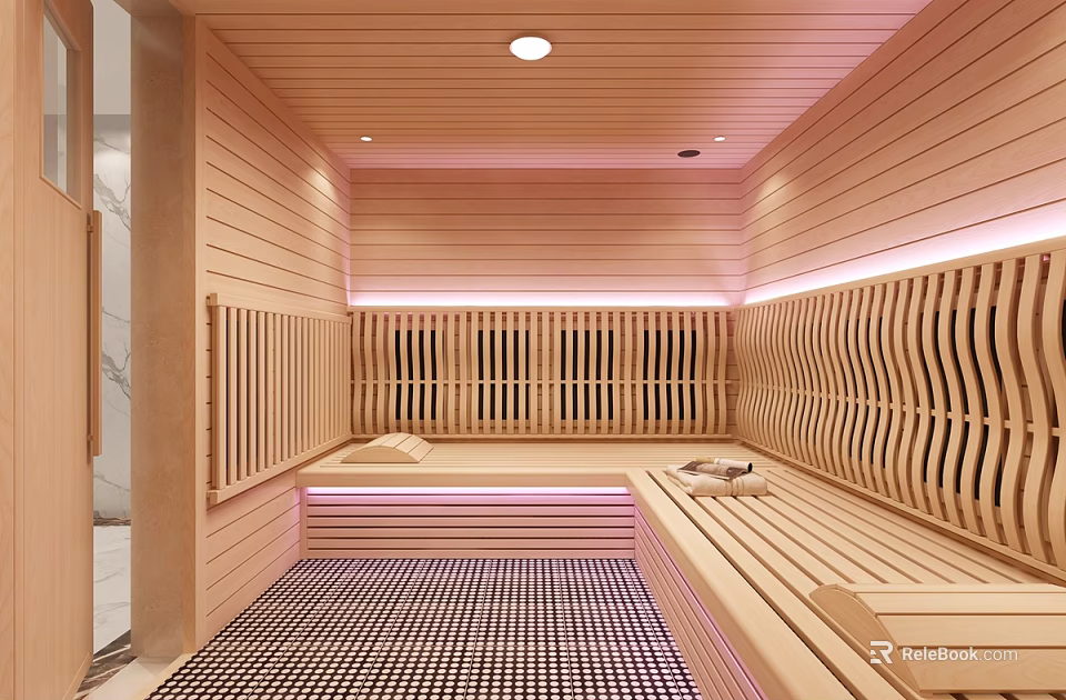 Modern Steam Sauna Interior With Wooden Panel Walls Ambient Lighting And Slatted Bench Seats 3d model 