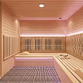 Modern Steam Sauna Interior With Wooden Panel Walls Ambient Lighting And Slatted Bench Seats