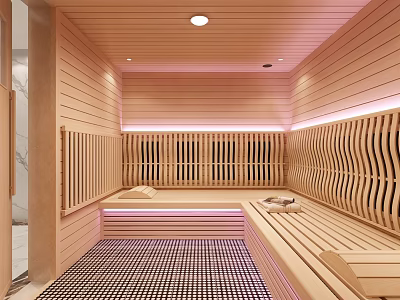 Modern Steam Sauna Interior With Wooden Panel Walls Ambient Lighting And Slatted Bench Seats 3d model