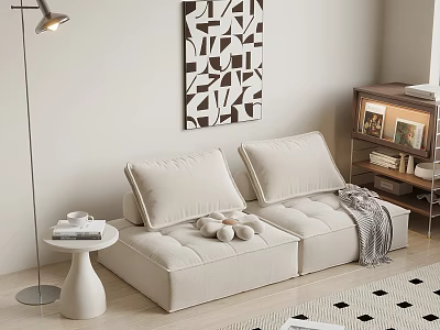Beige Two Seater Sofa With Plush Pillows Soft Throw Blanket Geometric Wall Art And Floor Lamp Side Table In Cozy Living Space 3d model