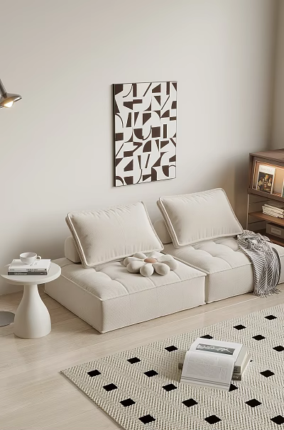 Beige Two Seater Sofa With Plush Pillows Soft Throw Blanket Geometric Wall Art And Floor Lamp Side Table In Cozy Living Space 3d model