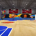 Indoor Basketball Court With Wooden Flooring Blue Markings Basketball Hoops And Firesun Banners