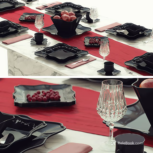 Black Dinnerware Set With Red Tablecloth Fruits And Crystal Wine Glasses 3d model 