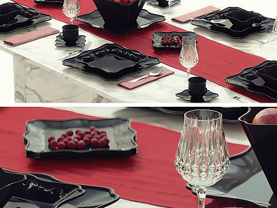 Black Dinnerware Set With Red Tablecloth Fruits And Crystal Wine Glasses 3d model
